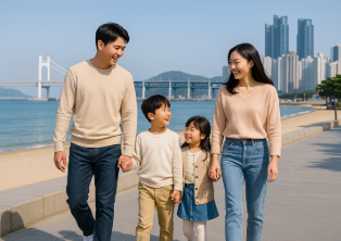 4인 가족이 해운대 해안가에서 산책하는 모습