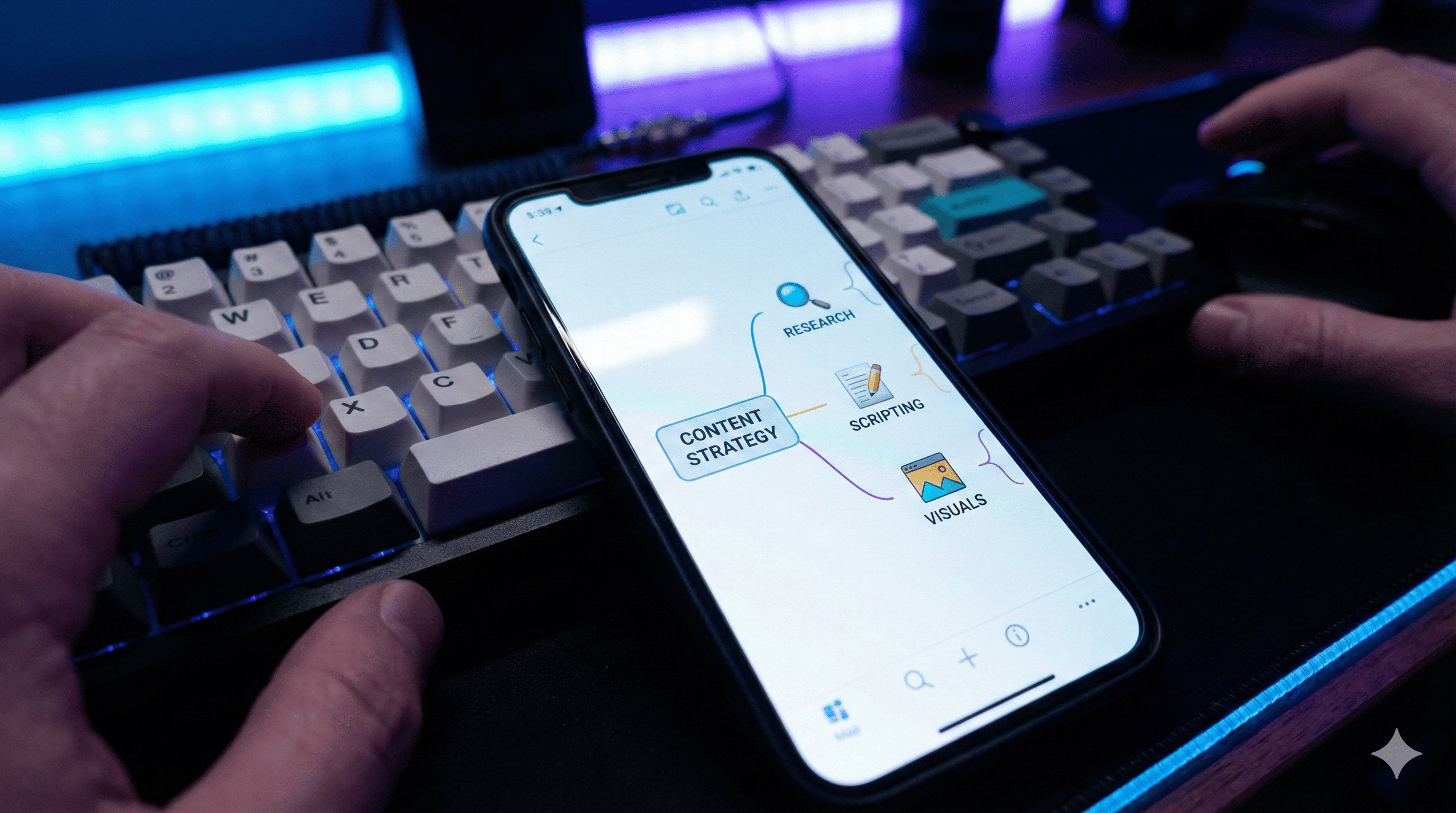 집중의 순간, 키보드 소리와 함께 완성되는 논리적 설계도입니다. 노트북LM으로 복잡한 지식을 명쾌하게 구조화하는 현장을 표현