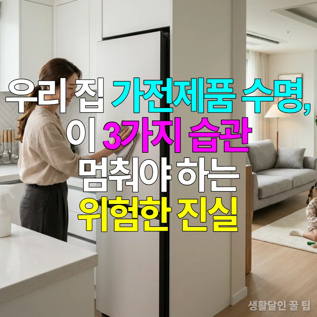 깔끔한 한국 주방에서 냉장고를 닦는 여성과 노후 가전제품 관리의 중요성을 보여주는 이미지