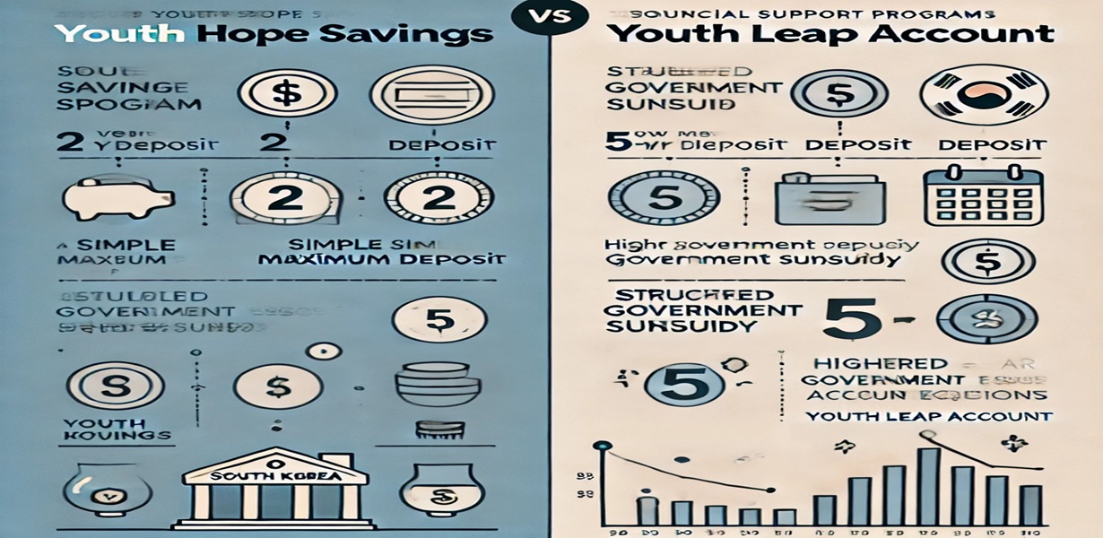 청년희망적금과 청년도약계좌의 주요 조건을 비교한 인포그래픽 이미지. 왼쪽은 2년형 단기 적금, 오른쪽은 5년형 장기 계좌가 배치되어 있으며, 각각 동전, 달력, 정부 지원 아이콘이 포함됨.