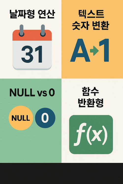 컴활2급 자료형 기출문제에서 자주 등장하는 날짜형 연산, 텍스트와 숫자 변환, NULL과 0 비교, 함수 반환형 개념 등을 설명하는 인포그래픽으로 문제풀이 전략에 도움을 줍니다.
