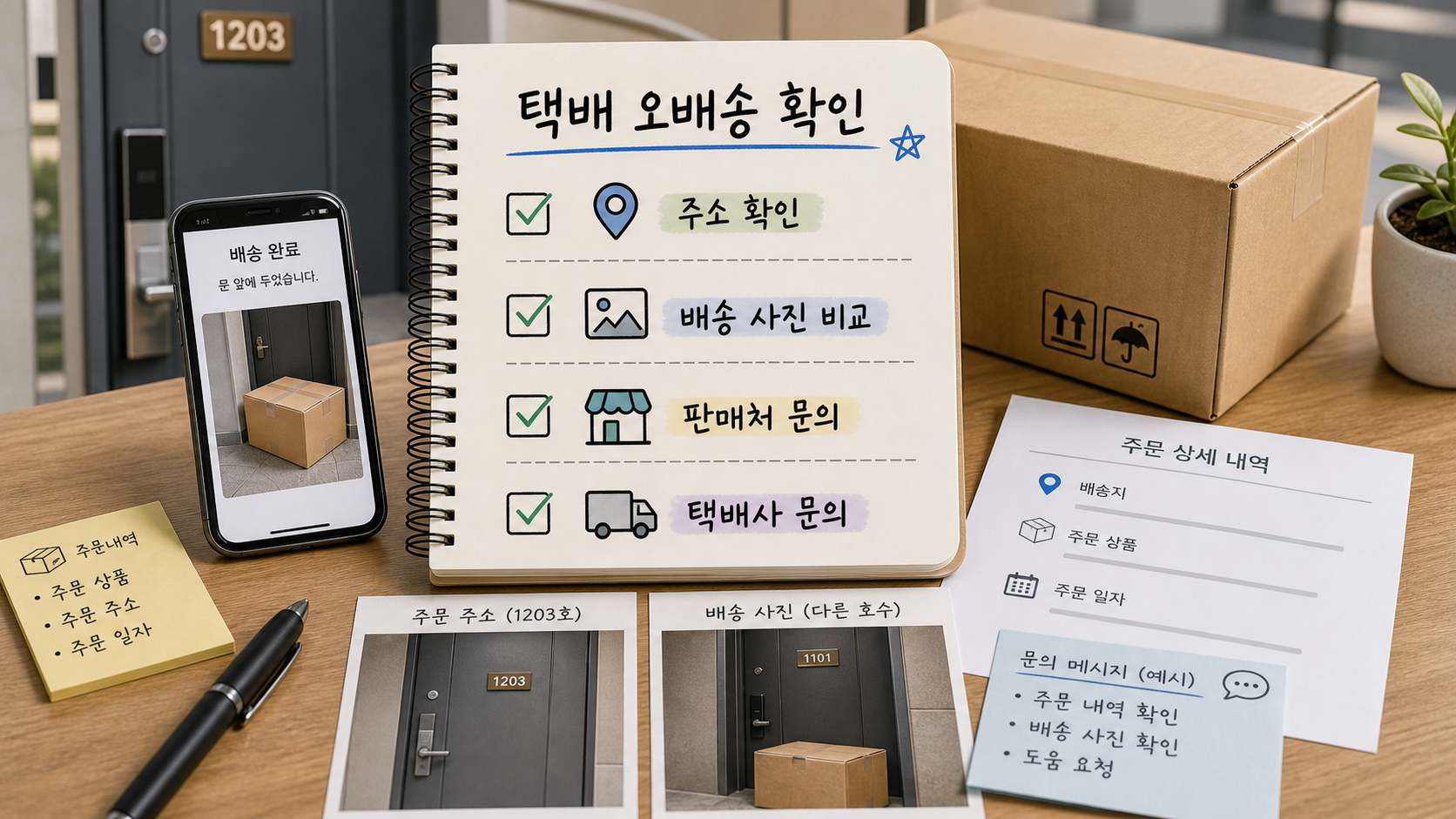택배 오배송 확인을 위해 주소 확인 배송 사진 비교 판매처 문의 택배사 문의를 정리한 대표 이미지