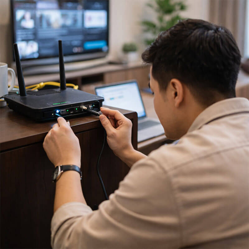 실내에서 인터넷 속도 문제로 공유기 상태를 먼저 확인하는 생활 장면