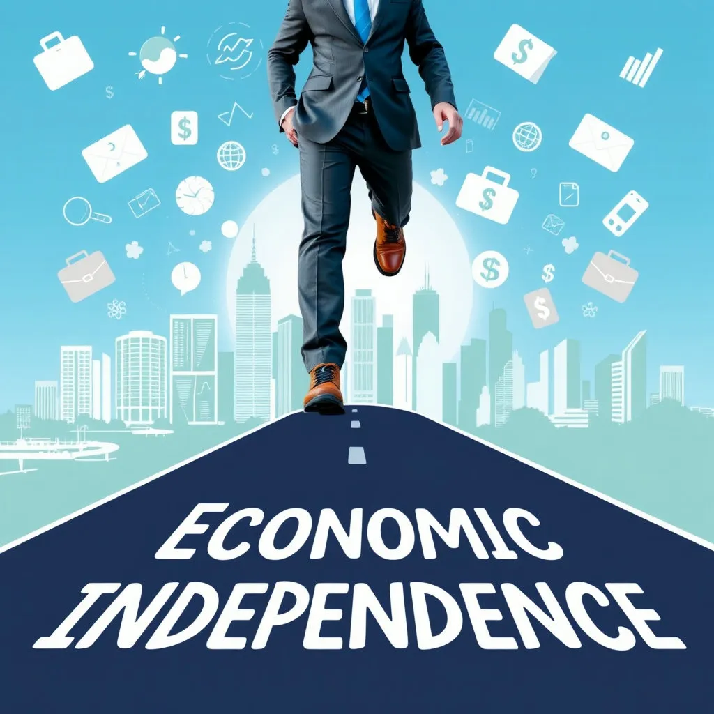 힘찬 발걸음을 내딛는 청년의 신발 밑에 '경제적 자립'이라고 쓰인 탄탄한 길이 펼쳐져 있습니다. 배경에는 도시의 스카이라인이나 다양한 경제 활동을 상징하는 아이콘들이 그려져 있습니다.