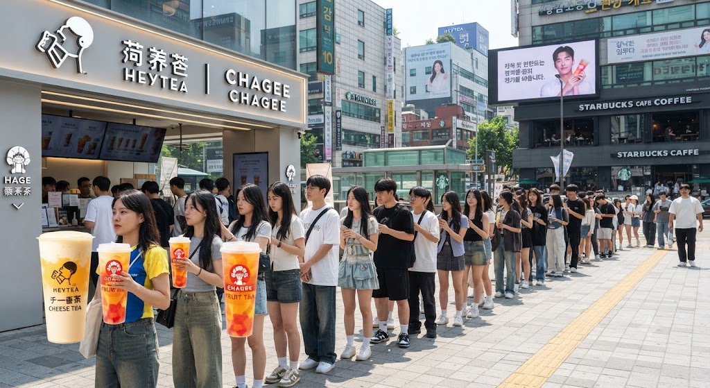 대적인 유리 빌딩이 밀집한 강남역 거리에 젊은 세대들이 줄지어 서 있는 모습. 손에는 붉은색과 흰색이 돋보이는 테이크아웃 컵을 들고 있으며, 배경의 전광판과 입간판에 세련된 한자와 영문 로고(HEYTEA, CHAGEE 등)가 은은하게 노출되는 트렌디한 도심의 아침 풍경.