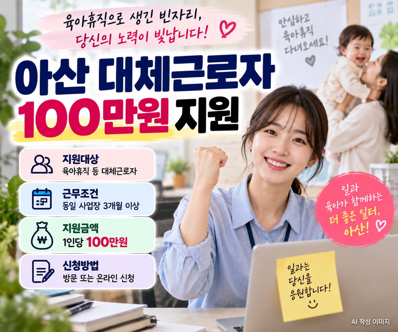 아산시 육아휴직 등으로 생긴 빈자리를 채운 대체근로자가 동일 사업장에서 3개월 이상 근무하면 1인당 100만원을 지원받을 수 있는 제도를 안내하는 이미지