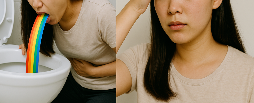 식중독 증상 중 하나인 구토와 발열을 표현한 이미지, 캐릭터성 무지개 구토로 시각적 불쾌감을 줄이고 증상의 심각성을 간접적으로 보여줌