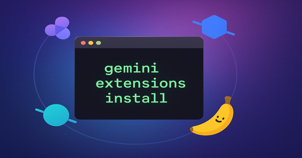 Gemini CLI extensions marketplace visualization showing command terminal with Figma, Stripe, Canva, and NanoBanana extension icons representing the open ecosystem