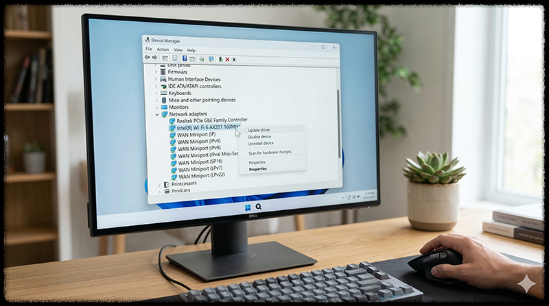 윈도우 장치 관리자에서 와이파이 드라이버를 확인하는 모습