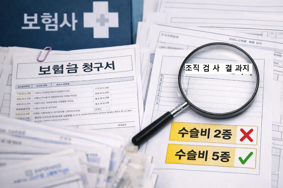 뇌수막종 수술 후 보험 청구 시 조직검사 결과지에 따라 수술 종수가 달라질 수 있는 상황 설명 이미지