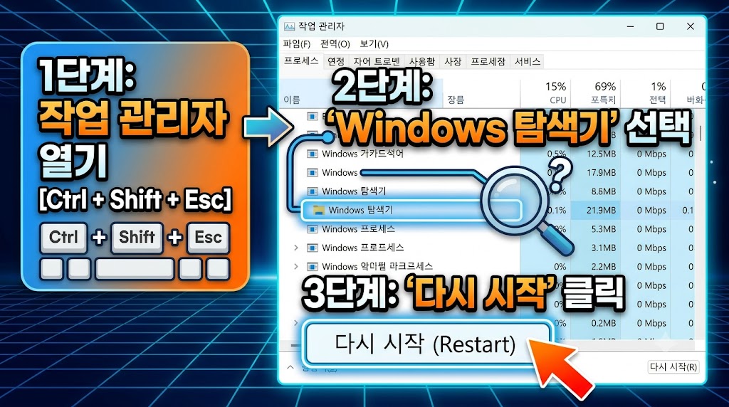 작업 관리자 프로세스 목록에서 Windows 탐색기 항목을 우클릭하여 다시 시작을 누르는 화면