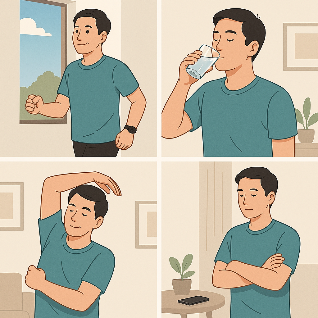 스트레칭 또는 걷기 또는 디지털 디톡스 중 상황등 하루루틴을 보여주는 이미지