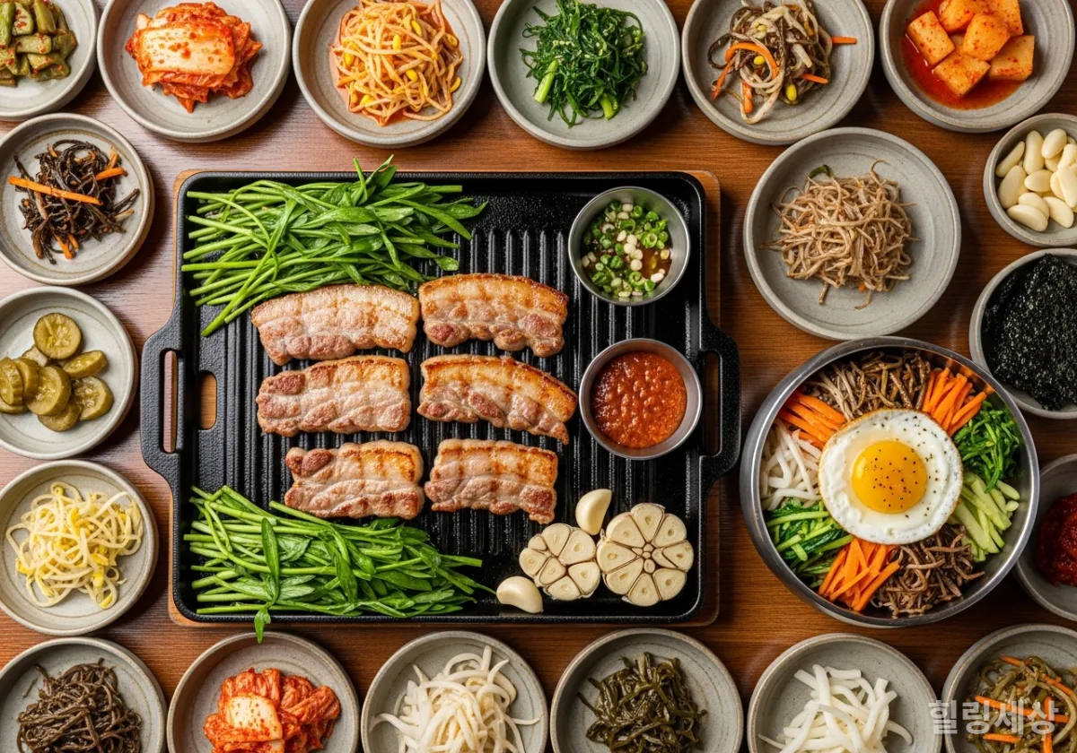 삼겹살, 생미나리, 미나리 비빔밥이 한 상 가득 차려진 한국식 바비큐 상차림