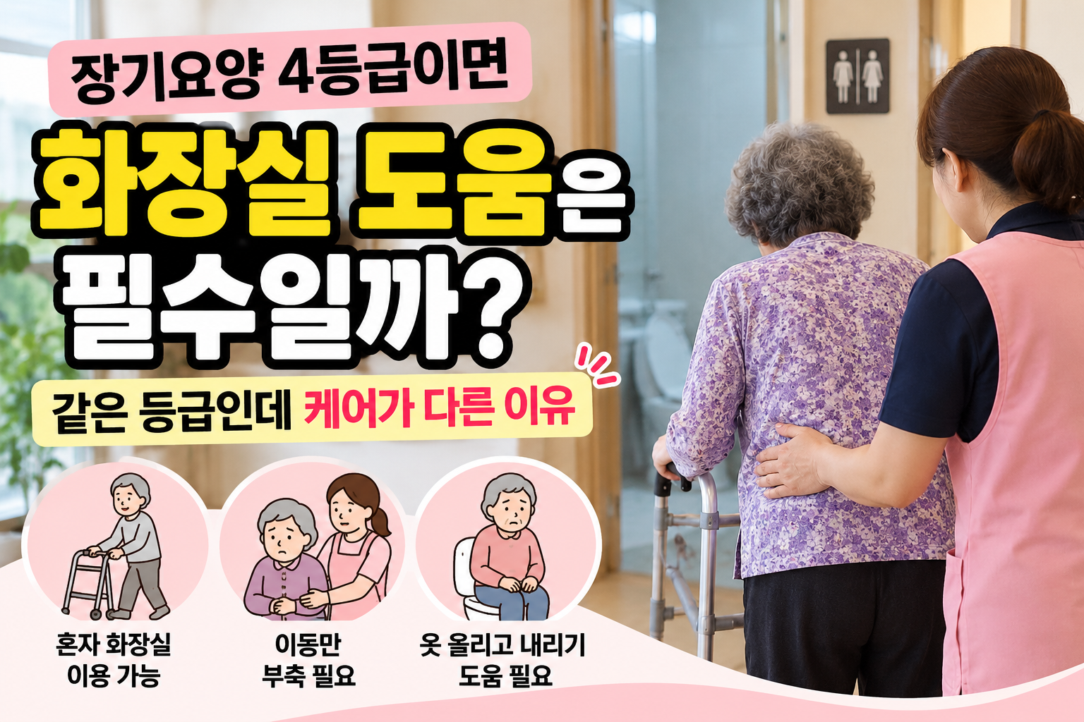 장기요양 4등급 어르신의 화장실 이용을 돕는 요양보호사와 워커 이동 모습