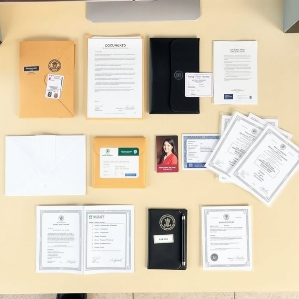단정하게 정렬된 서류 봉투, 신분증(학생증, 주민등록증 등), 여권용 사진, 그리고 증명서류들이 깔끔한 책상 위에 놓여 있는 모습입니다. 각 서류 위에는 해당 서류의 이름이 작은 라벨로 표시되어 있으면 더욱 유용하겠죠.