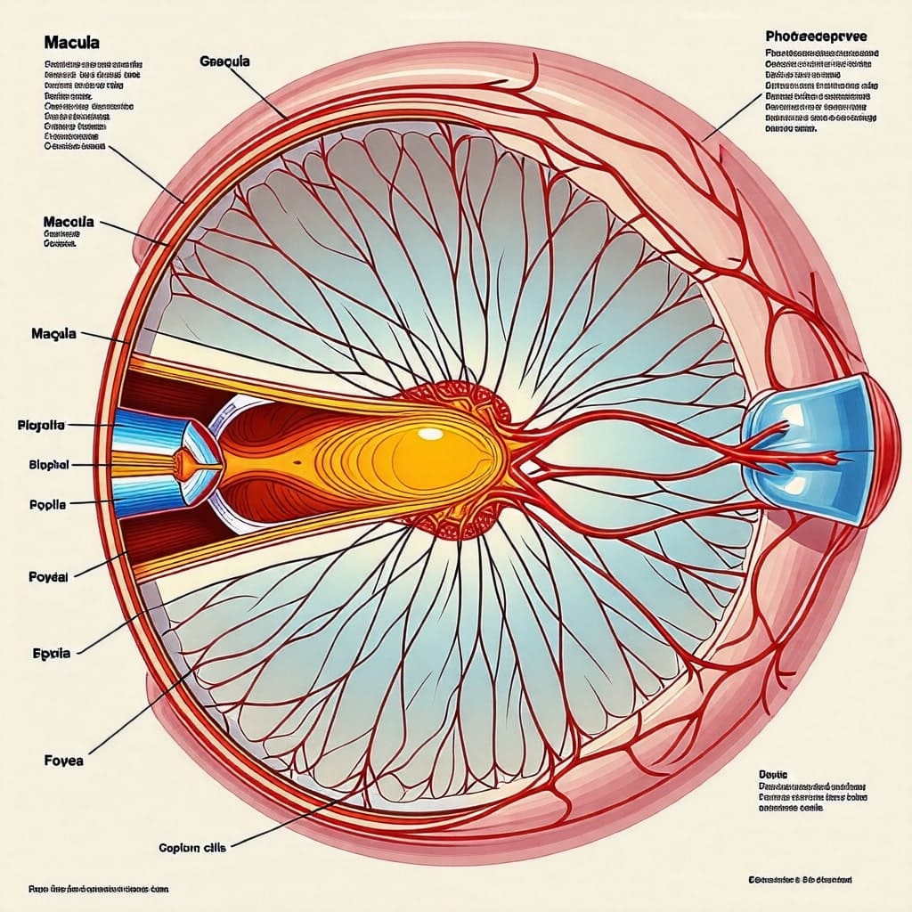 인간의 망막 구조를 보여주는 이미지로, 망막의 주요 부분과 기능을 설명합니다.