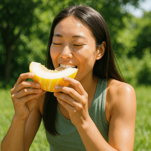 참외를 먹는 여성 모습