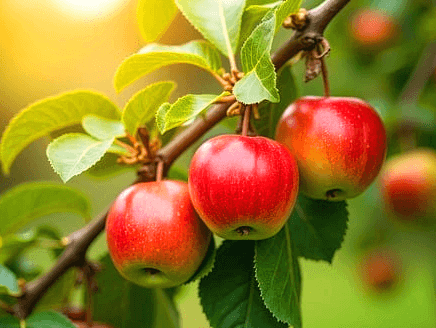 나무에 빨간 사과 여러개가 달려있다. 매끄럽고 둥그런 사과들이다.