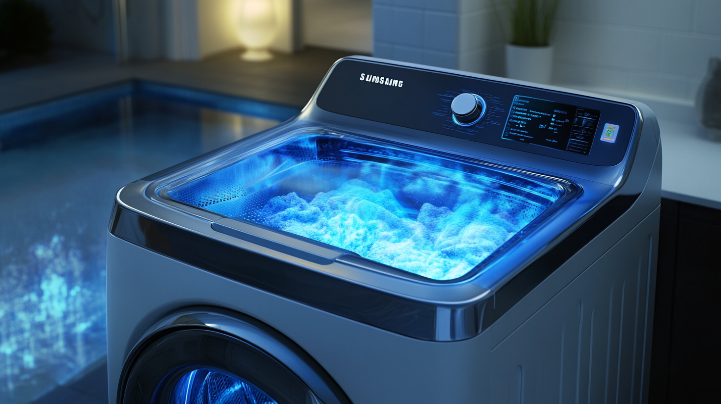 사용 중인 삼성 액티브워시 통돌이 세탁기의 하이퍼리얼리즘 이미지, 사용자 친화적인 인터페이스와 기능적인 디자인의 세밀한 질감 강조