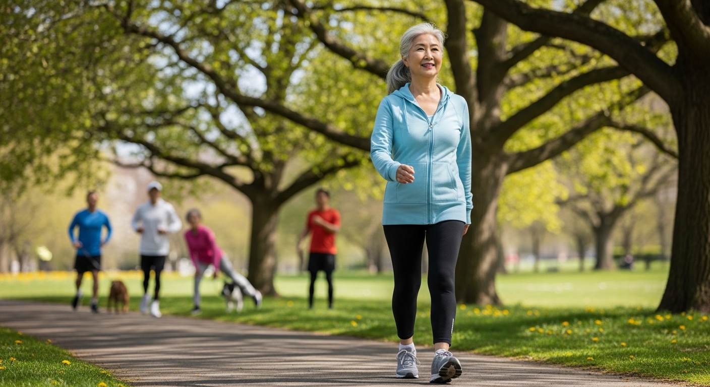 60대 한국인 시니어 여성이 공원에서 밝은 표정으로 빠르게 걷기 운동을 하는 모습