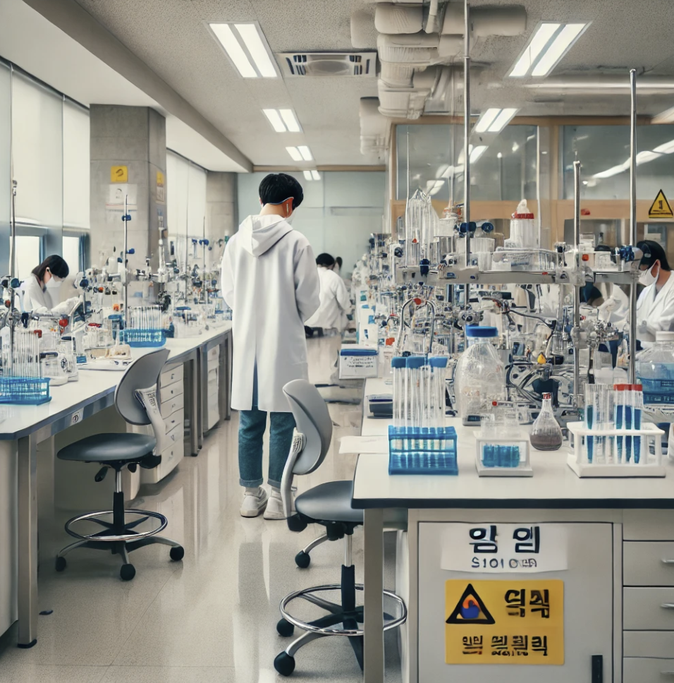 대학 연구실에서 안전장비와 연구 활동을 하고 있는 모습.