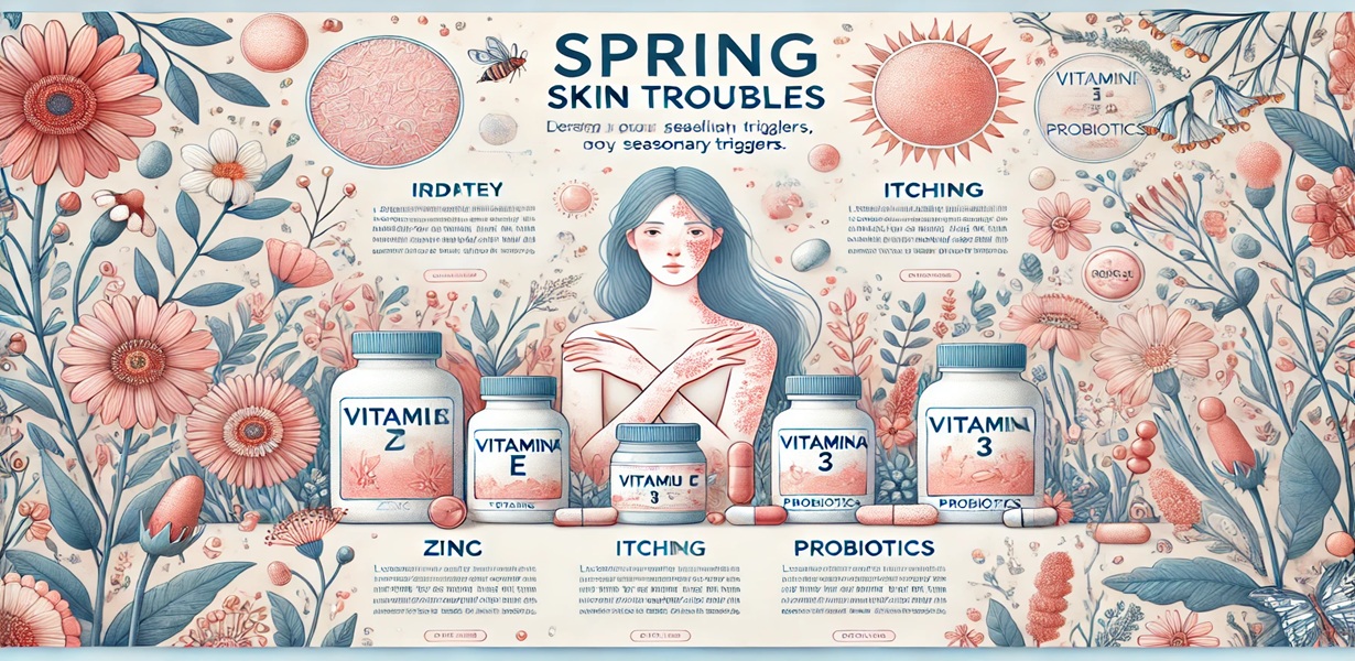 봄철 피부 트러블로 고민하는 여성 캐릭터와 함께 비타민, 프로바이오틱스, 아연 영양제가 나열된 일러스트