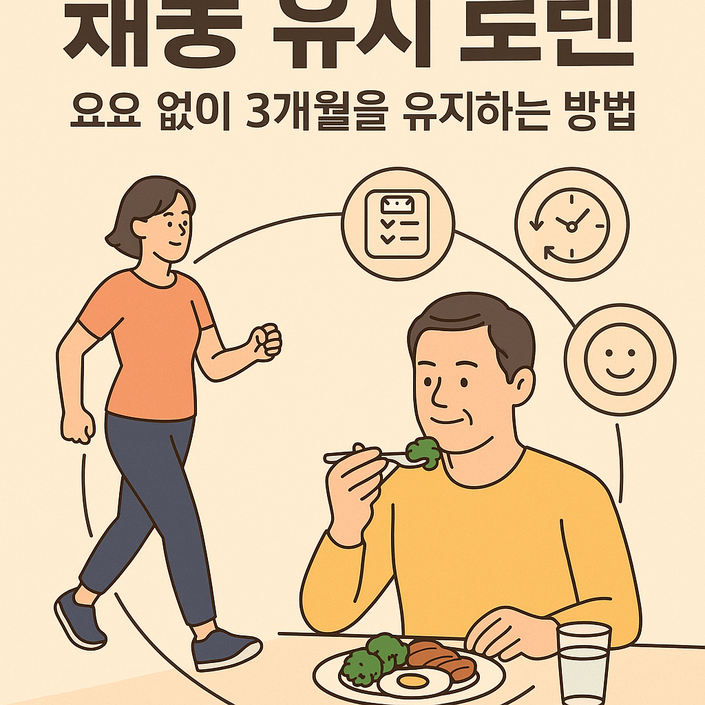 중년 남녀가 루틴 체크리스트를 보며 체중 유지 계획을 점검하는 장면 – 식단, 운동, 감정관리 아이콘이 함께 구성된 인포그래픽 스타일 일러스트