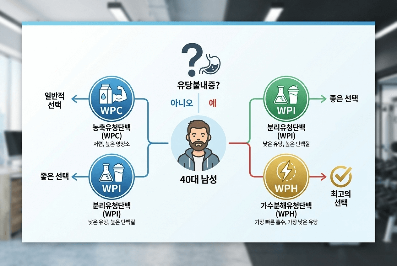 WPC WPI WPH 단백질 원료 형태를 40대 프로틴 선택 기준으로 비교하는 간단한 아이콘 도식. 유당불내증을 고려한 선택 흐름을 보여준다.