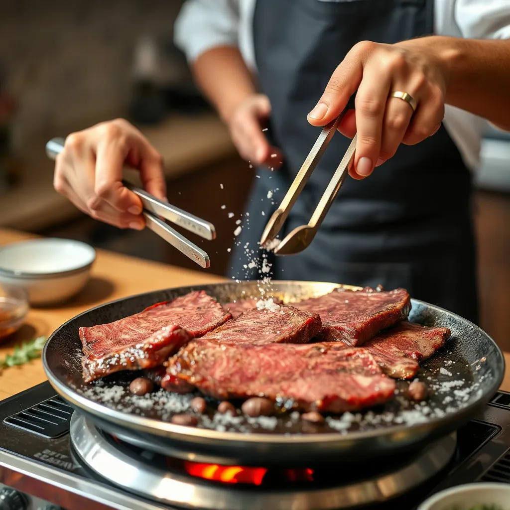 프라이팬이나 불판 위에서 전문가의 손길처럼 한우 고기를 굽는 모습입니다. 집게로 고기를 뒤집거나 소금을 뿌리는 등의 순간을 포착하여, 누구나 집에서 쉽게 한우 요리를 할 수 있다는 느낌을 줍니다.