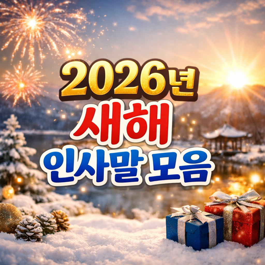 2026년 새해 인사말 모음 썸네일, 눈 덮인 겨울 풍경과 새해 분위기를 담은 실사 배경 이미지