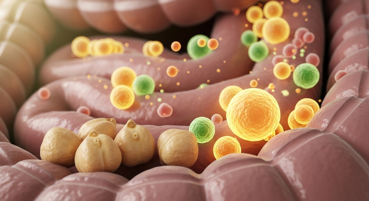 장 건강에 도움을 주는 병아리콩의 효능을 상징하는 이미지. 건강한 장내 환경과 유익균, 그리고 그 옆에 놓인 병아리콩이 어우러진 모습.
