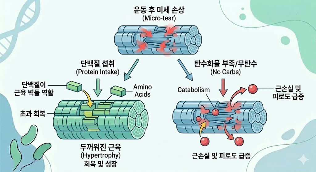 단백질 아미노산 근섬유 초과 회복 원리 근성장 벽돌 비유 해부학 인포그래픽