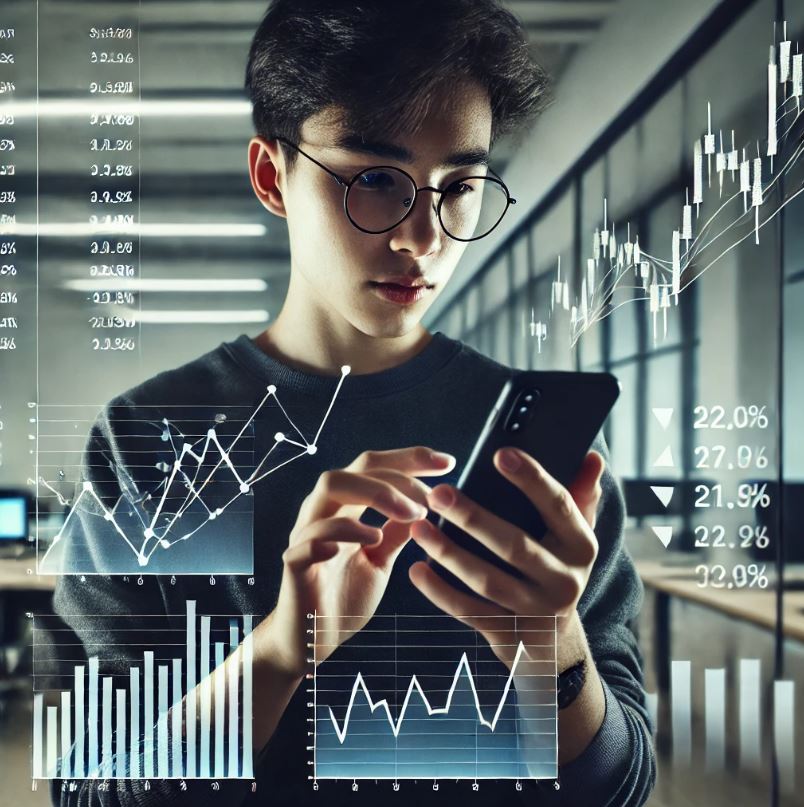 스마트폰으로 주식 앱을 사용하는 사람