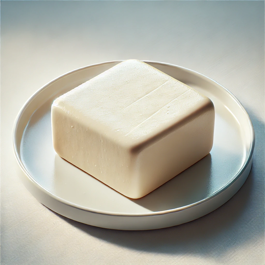 접시 위에 통 두부 한 덩어리가 놓여 있으며, 두부 표면은 매끄럽고 부드러워 보이고, 자연광이 두부의 섬세한 질감을 강조하고 있다.