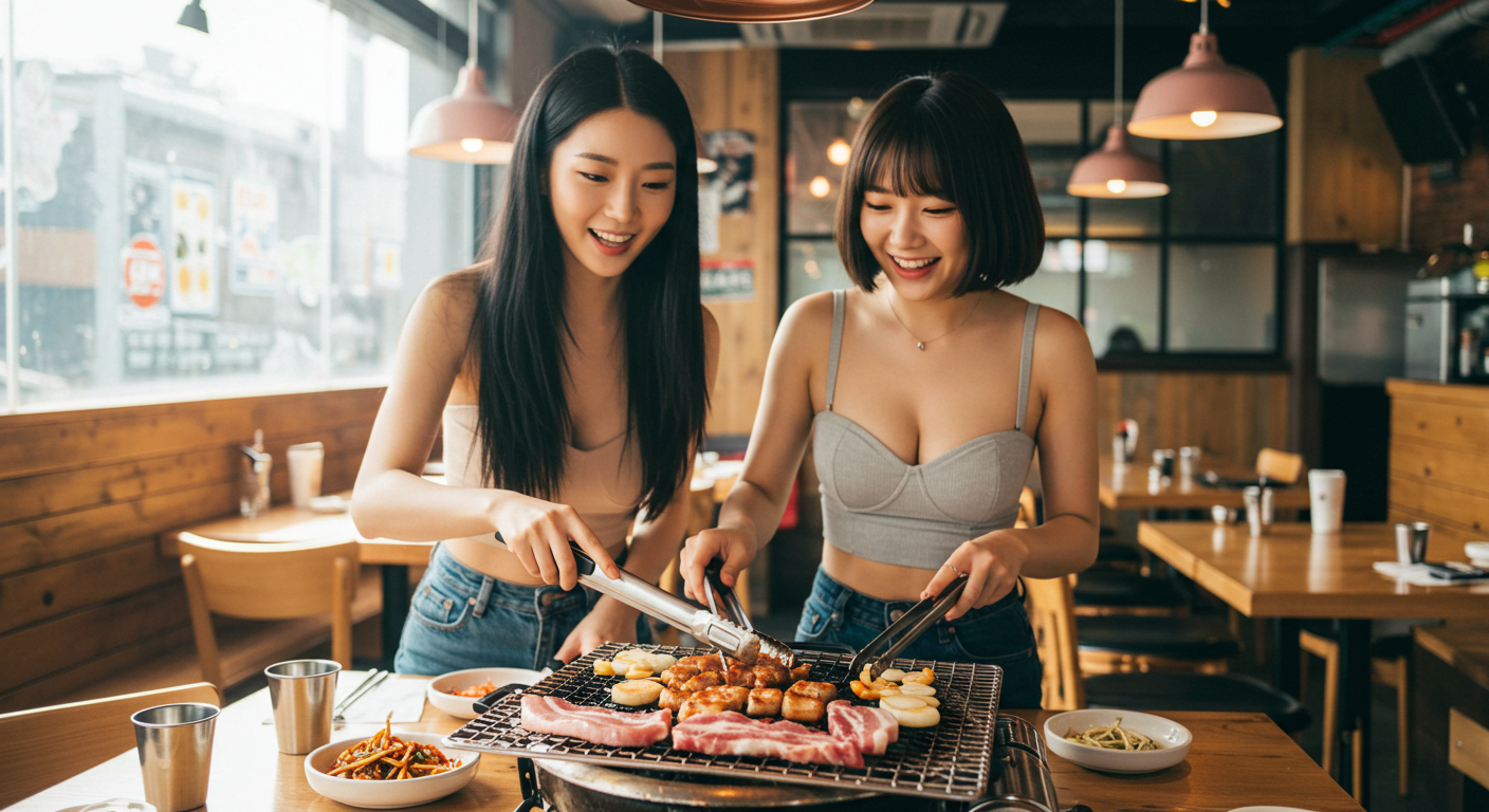 삼겹살을 구워먹는 두 여성