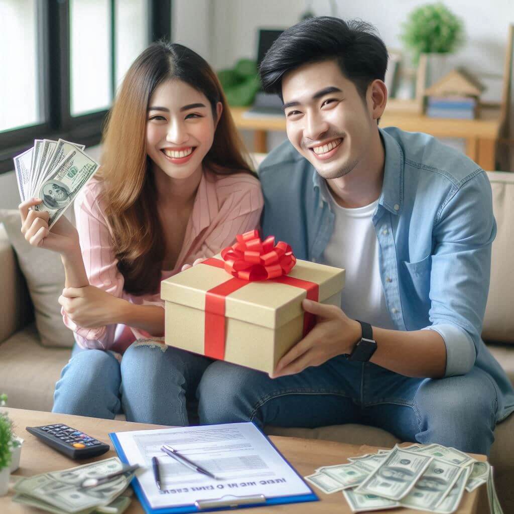 증여세 계산으로 이득을 본 부부가 선물을 교환하고 있다.