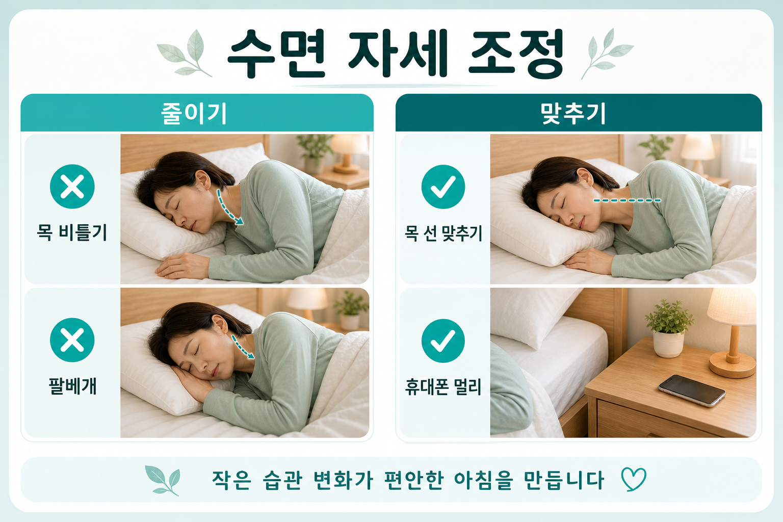 수면 자세에서 고개 한쪽 회전과 팔베개를 줄이고 목 선을 맞추는 방법을 보여주는 비교 이미지