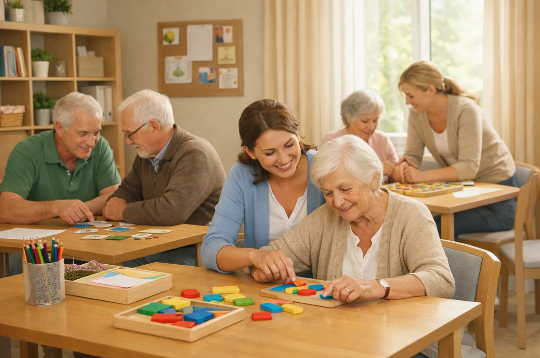 장기요양 서비스를 이용하며 인지 활동 프로그램에 참여하는 어르신들