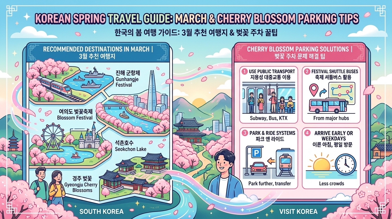 3월 추천 여행지와 벚꽃 명소 방문 시 주차 문제를 해결하는 팁을 상징하는 이미지