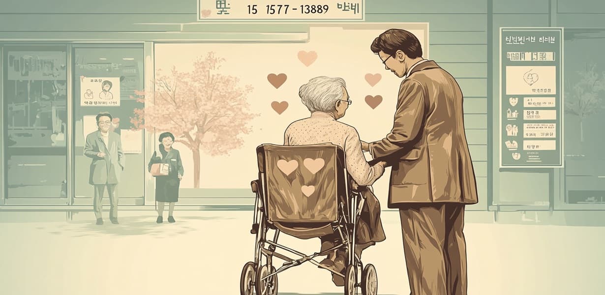 학대를 신고한 노인을 복지사 또는 경찰이 보호기관으로 안내하는 장면