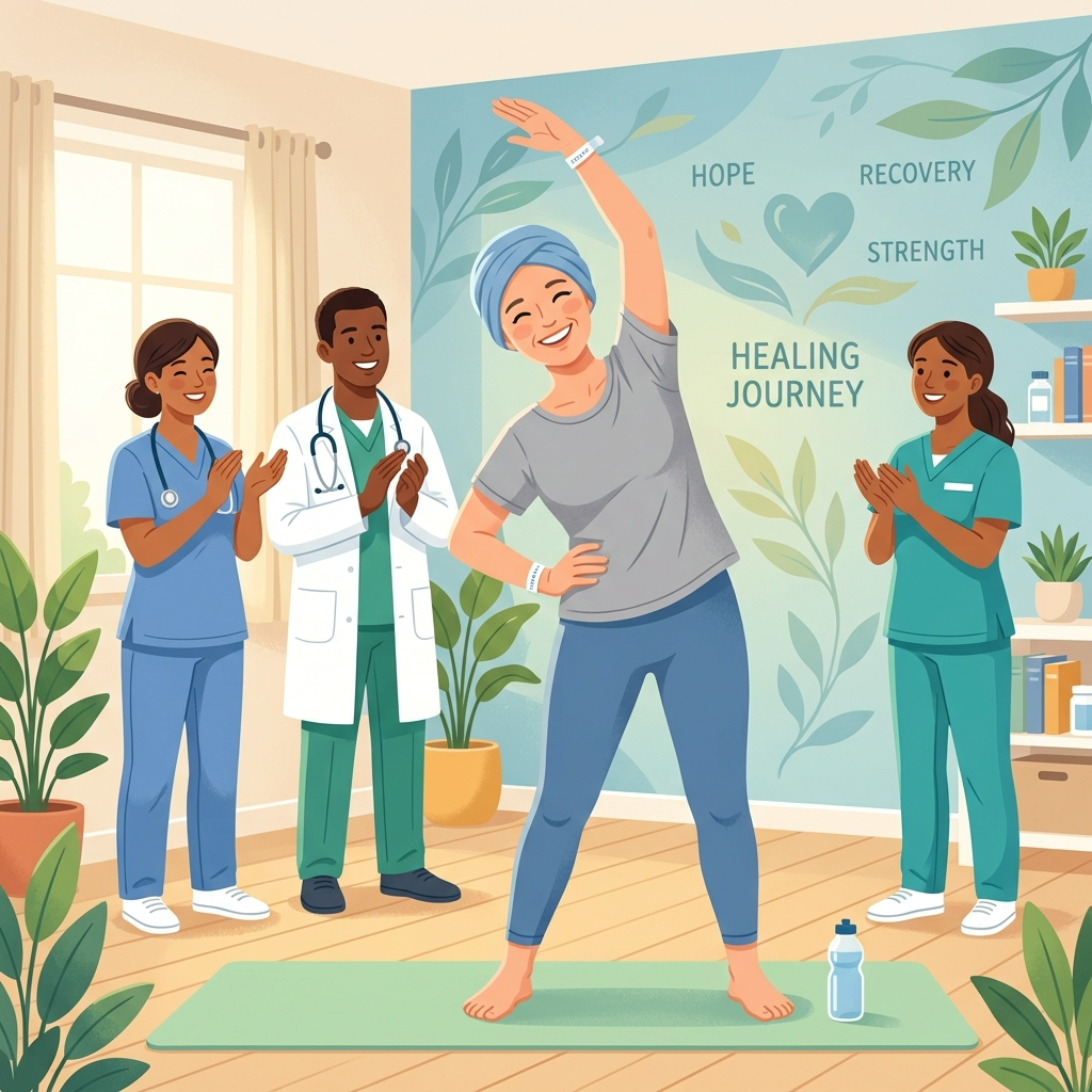 암 환자가 의료진과 함께 운동하는 장면