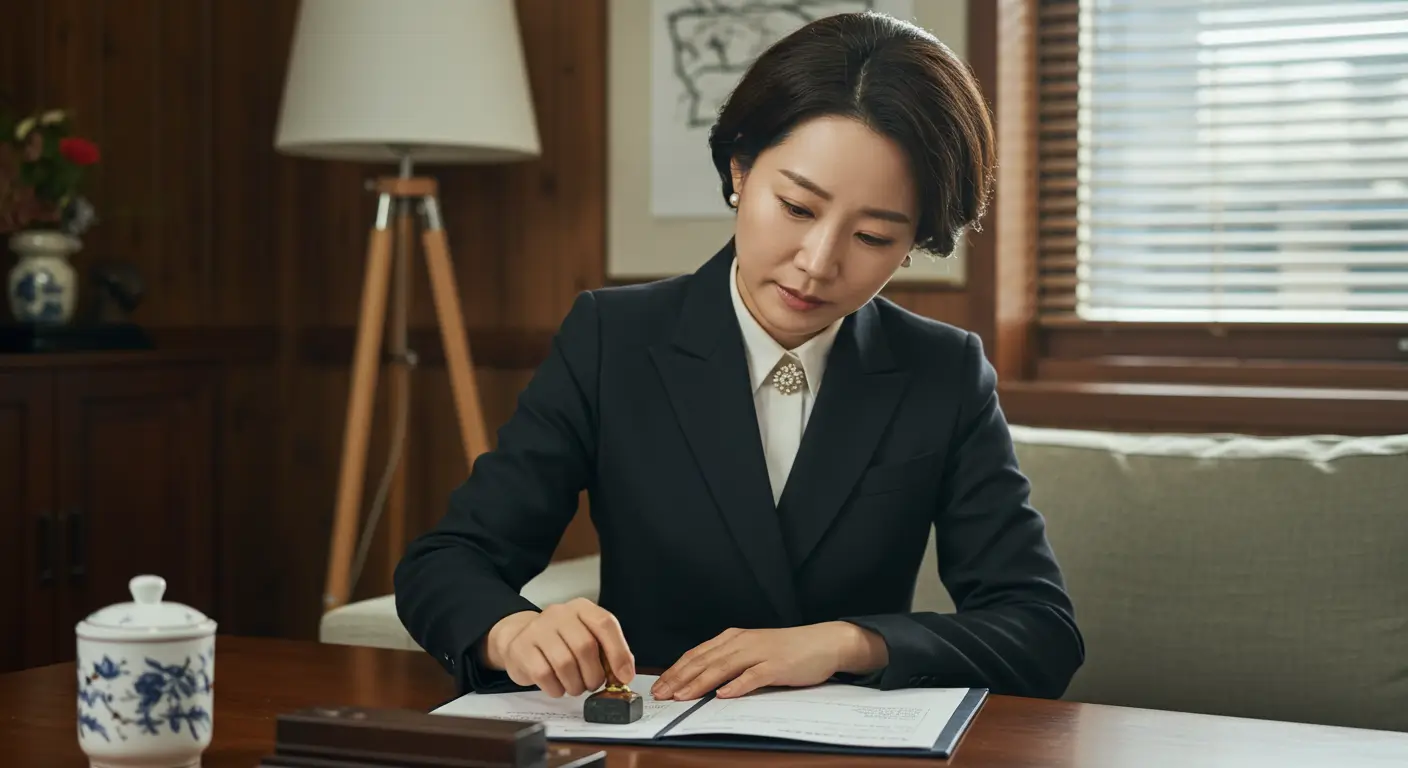 이혼 후 자신의 아파트 지분에 대한 권리를 행사하기 위해 서류에 도장을 찍는 한국 여성