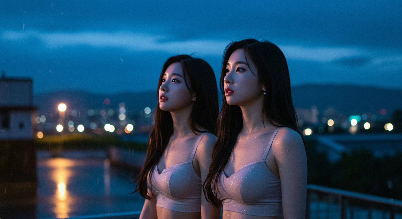 비오는 밤하늘을 보고있는 여성들