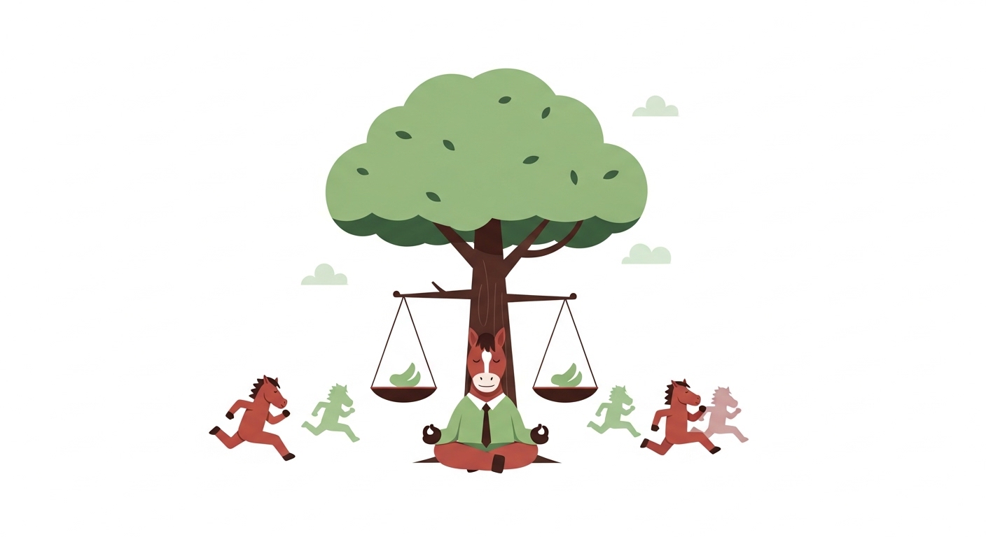 다른 이들이 달릴 때 나무 그늘 아래서 명상하며 열기를 식히고 조절하는 말 캐릭터 일러스트