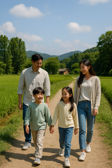 농촌길을 거닐고 있는 4인가족