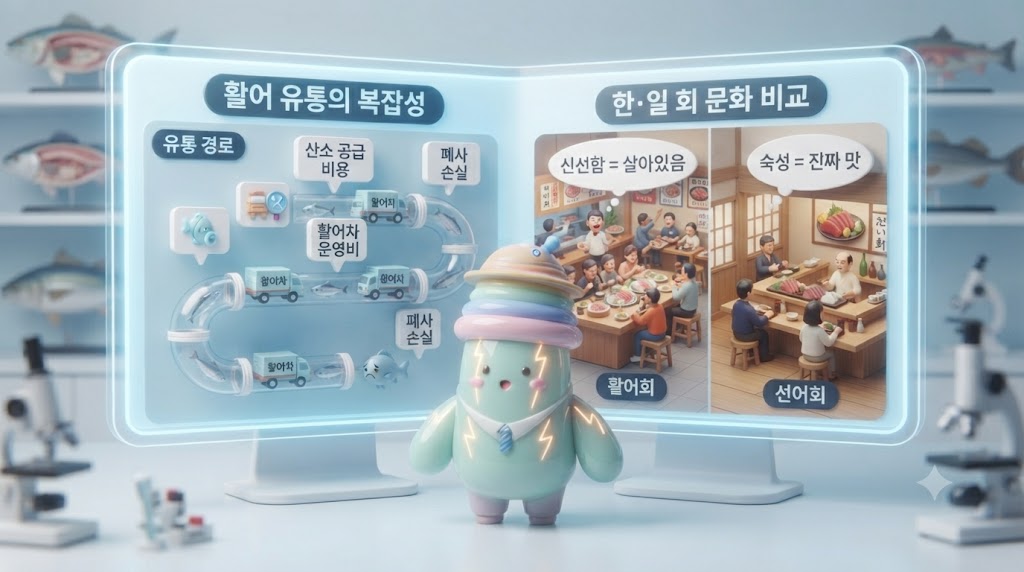 쫀쿠가 '활어 유통 연구소'에서 광어의 유통 과정과 한일 회 문화의 차이를 비교 분석합니다. 왼쪽 패널에서는 산소 공급 장치가 달린 활어 트럭이 복잡한 도로를 지나 전국 수족관으로 이동하는 과정이 입체적으로 그려지며, '활어차 운영비', '폐사 손실' 등 추가 비용이 아이콘으로 표시됩니다. 오른쪽 패널에서는 한국의 '활어회(즉석 손질)'와 일본의 '선어회(숙성회)'가 각각의 철학과 함께 대비되어 설명됩니다.