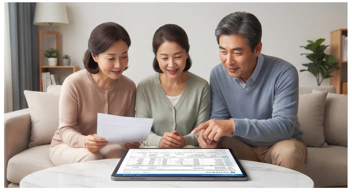 거실 소파에 앉아 태블릿 PC의 소득 및 재산 조회 서류를 함께 보며 다정하게 대화를 나누는 중장년층과 가족