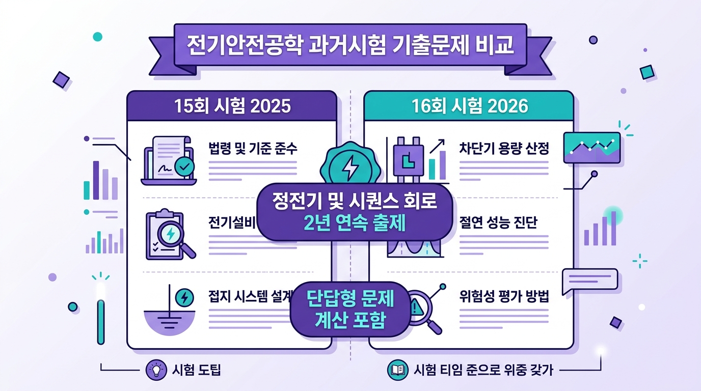 제15&middot;16회 산업안전지도사 2차 전기안전공학 기출문제 비교 분석 인포그래픽