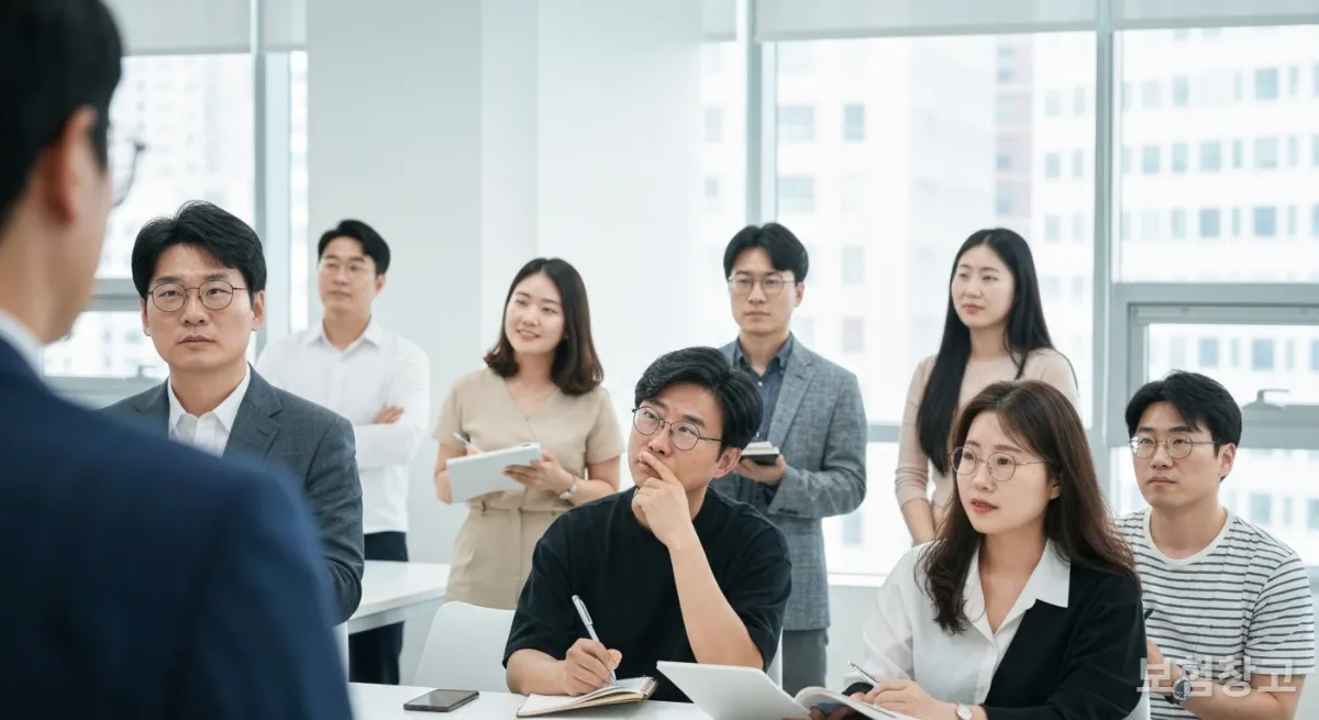 ISA 계좌 세미나에서 강사의 설명을 듣고 있는 한국인 참가자들