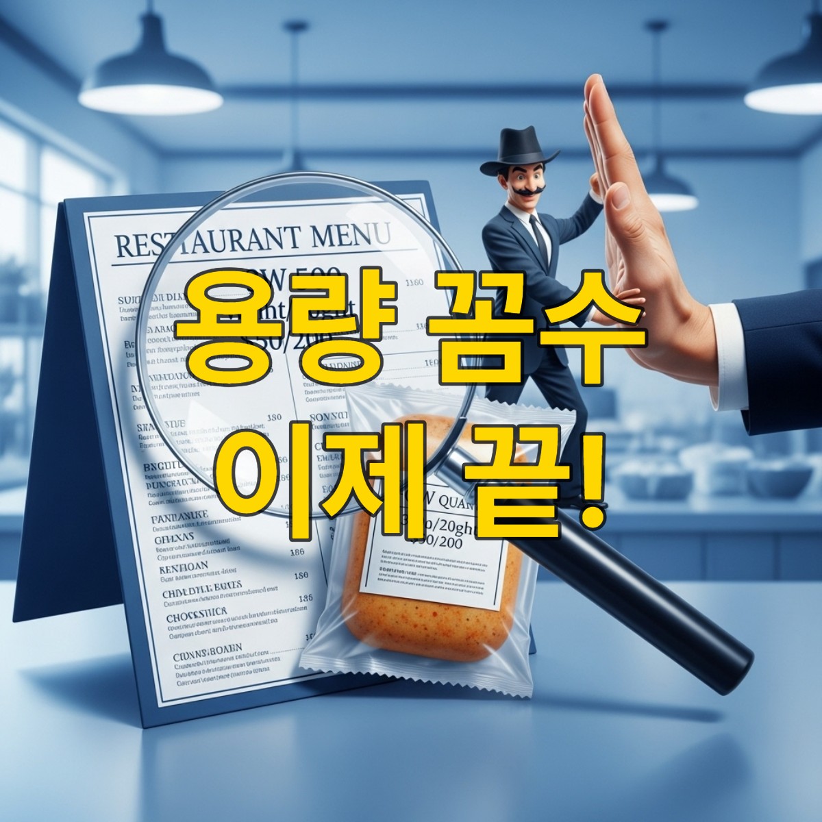 슈링크플레이션 종식을 알리는 규제 강화 이미지. 투명한 정보 공개를 상징하는 저울과 메뉴판, 가공식품이 보이고, 그 뒤로 눈속임이 사라지는 모습을 표현.
